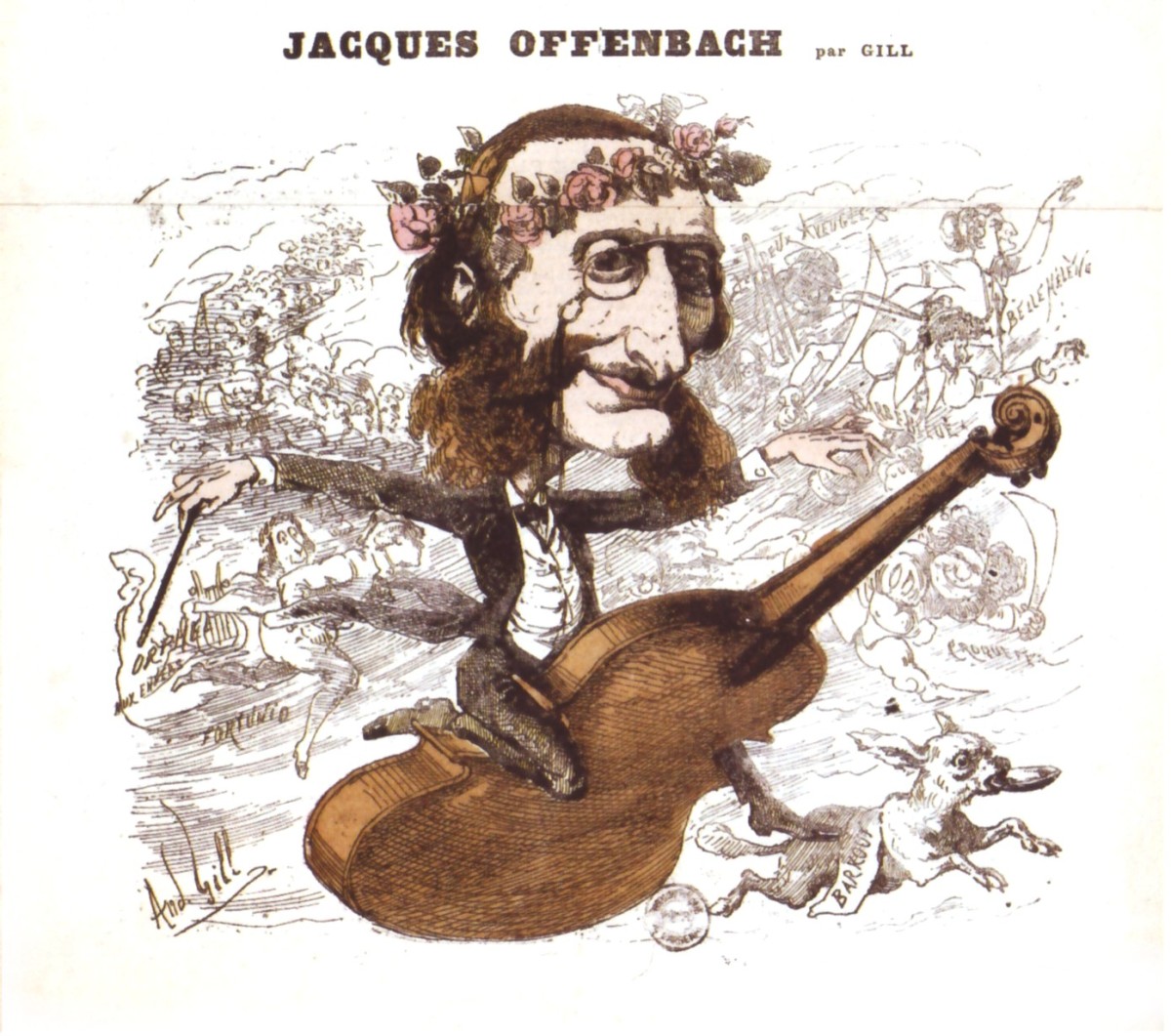 Jacques Offenbach riding his success, a caricature from a Paris newspaper.