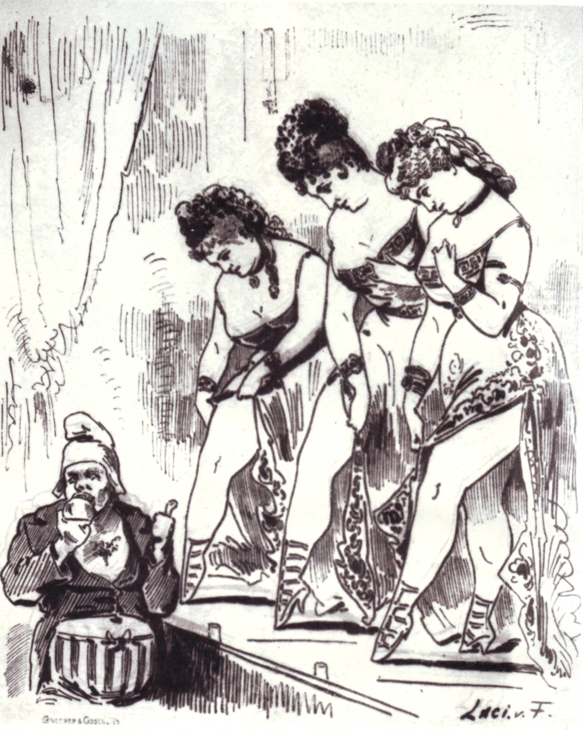 "Die drei Helenen": three famous Helenas in Vienna, in the 1860s, showing their legs to attract male audiences.