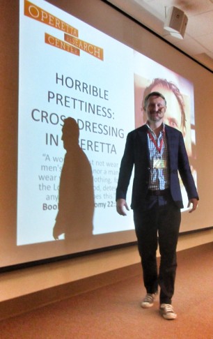 Kevin Clarke delivering a talk on cross dressing.