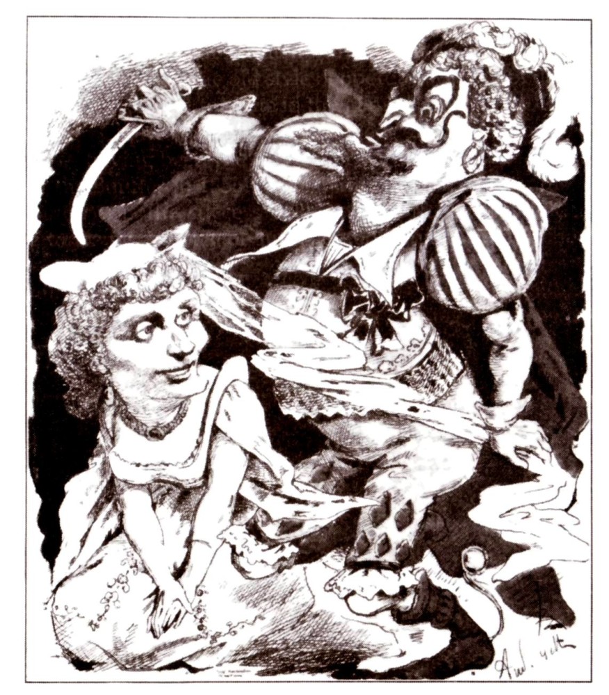 The original stars of "Barbe-bleue": Hortense Schneider and the tenor Dupuis, caricature by Gill in "L'Eclipse."