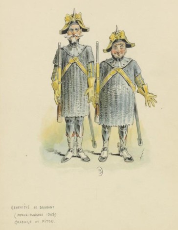 Grabuge and Pitou as men-at-arms, Théâtre des Menus-Plaisirs, 1868; drawing by Draner. (Photo: Wikipedia)