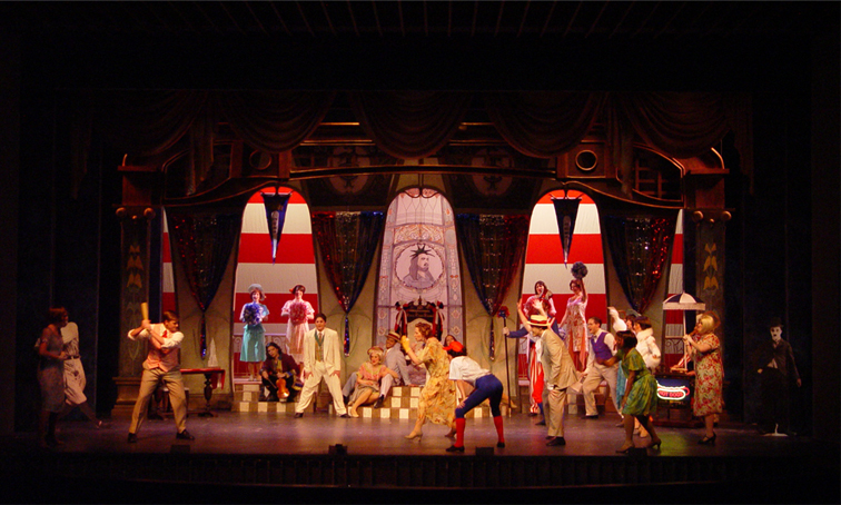 Scene from the 2nd act of "Duchess of Chicago" at Ohio Light Opera, set design by Kirk A. Domer. (Photo: OLO)