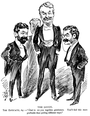 Impressario Richard D'Oyly Carte (l.) with Gilbert & Sullivan.