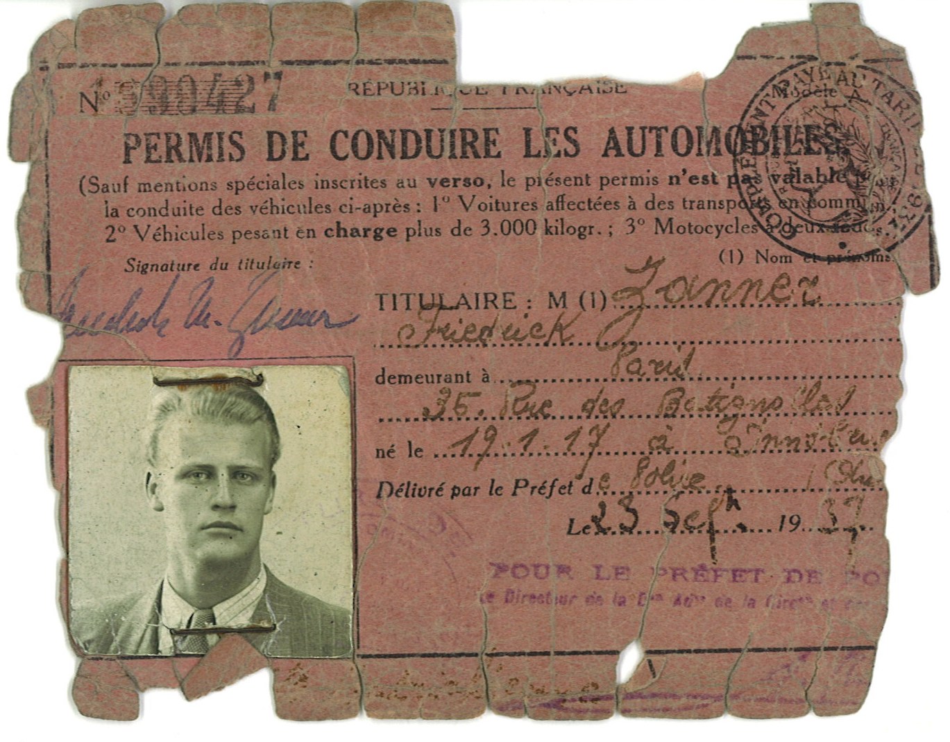 Copy of Friedrich Zanner's driver's license, given to the Operetta Research Center by Mr. Zanner's widow. 