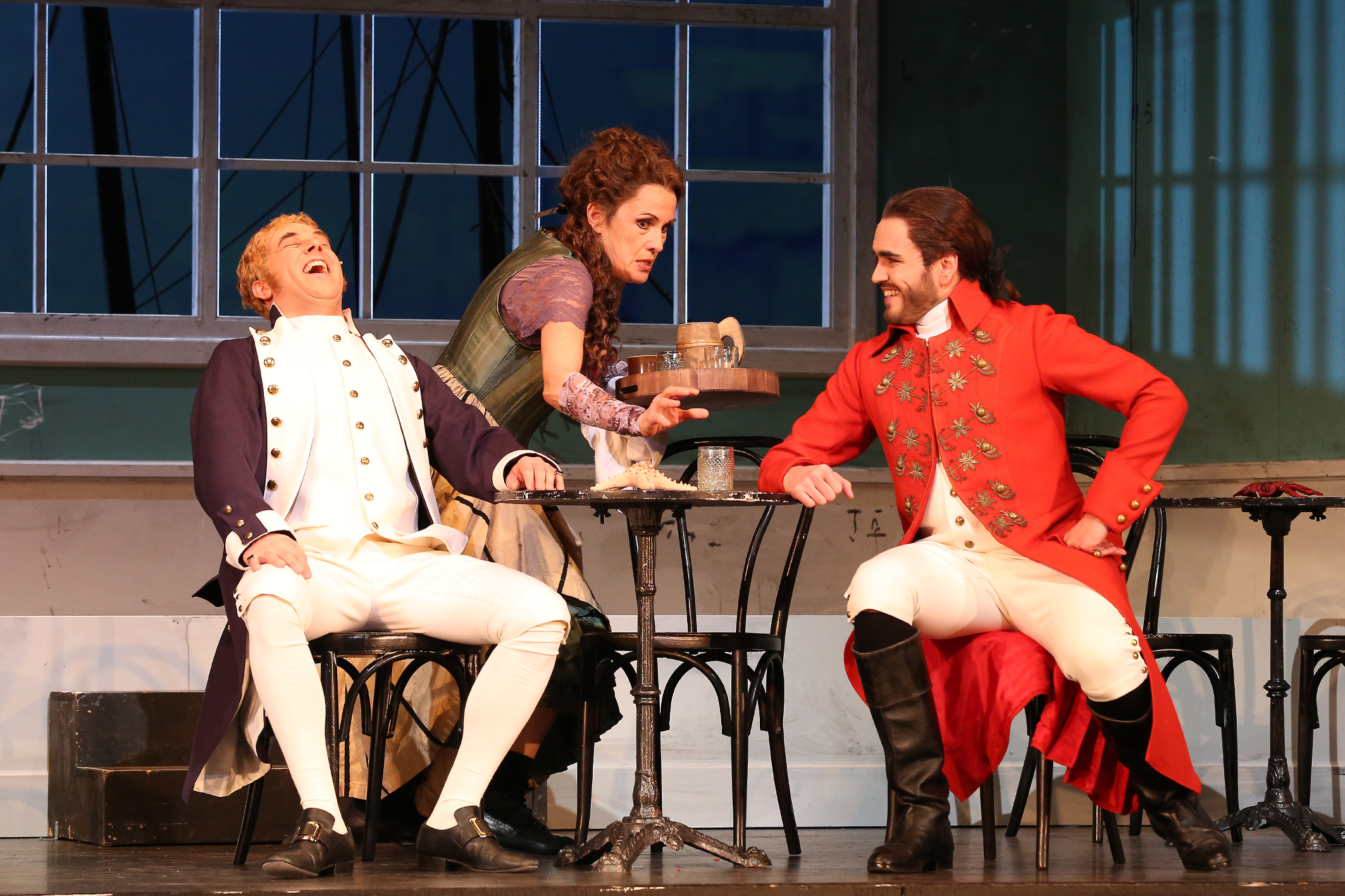 David Ameln (as Percy Harwich), Christel Ortmann (as Mary Ann), Rodrigo Porras Garulo (as Don Alfredo Bartos) in "Lady Hamilton." (Photo: Claudia Heysel)