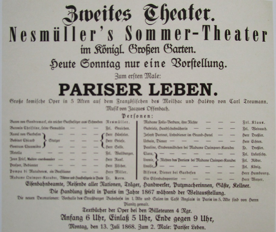 Playbill for Offenbach's "Pariser Leben" in Dresden. (From: Andreas Schwarze's "Metropole des Vergnügens," Sax-Phon Press 2016)