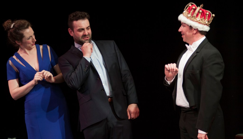 Victor Khodadad (r.) as the Duke of Tulipatan, lamenting about the evil press. With Chad Kranak as the Grand Marshall Romboidal and Heather Jones as Théodorine in "L’ile de Tulipatan." (Photo: Keith Butler/LOONY)   