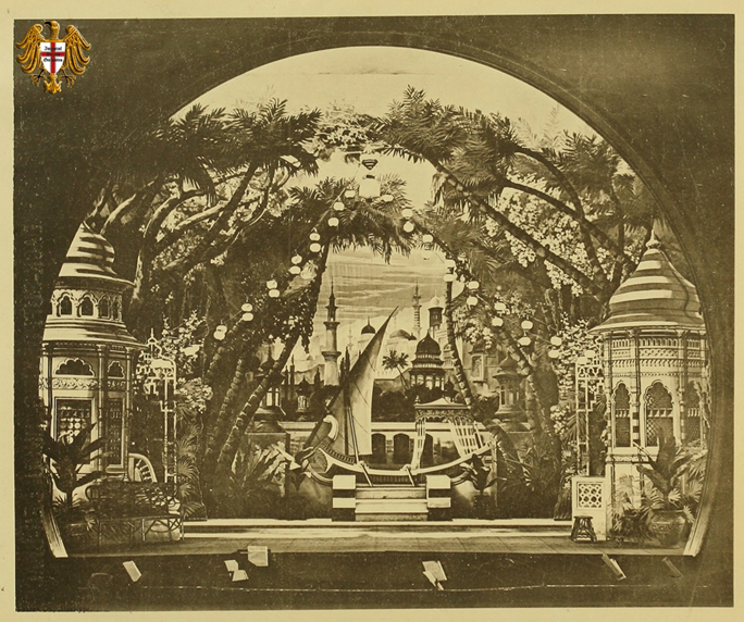 Act 2, the Garden of Fanfani on the banks of the River Nile. Originally published in "Historical review of the Boston Bijou Theatre," 1884. (Photo: Dario Salvi Collection)