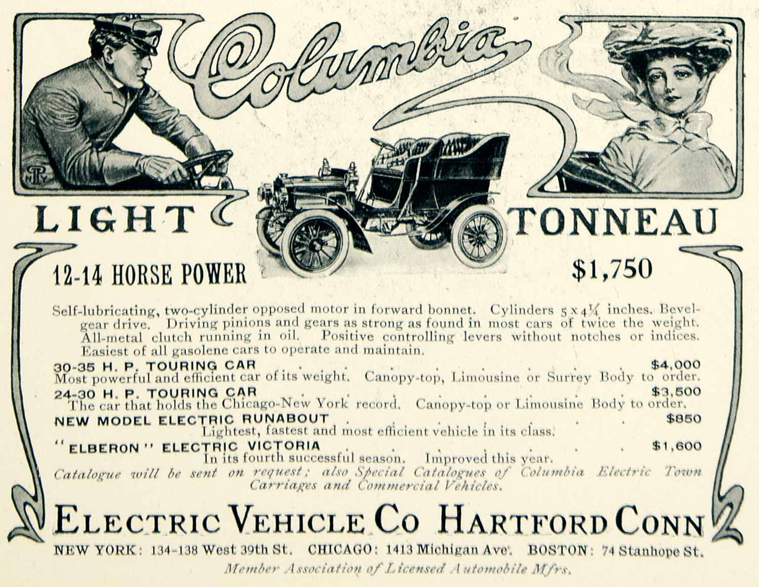 1904 Ad Electric Vehicle Columbia Light Tonneau Automobile Brass Era Car.