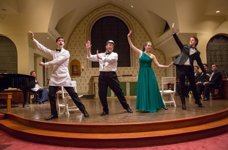 "The Streets of New York" from Herbert's "The Red Mill": Drew Bolander (Kid Conner), Matthew Wages (Con Kidder), Sarah Caldwell Smith (Gretchen van Borkem), Christopher Robin Sapp (Dori van Damm) [left to right] (Photo: Jill LeVine) 