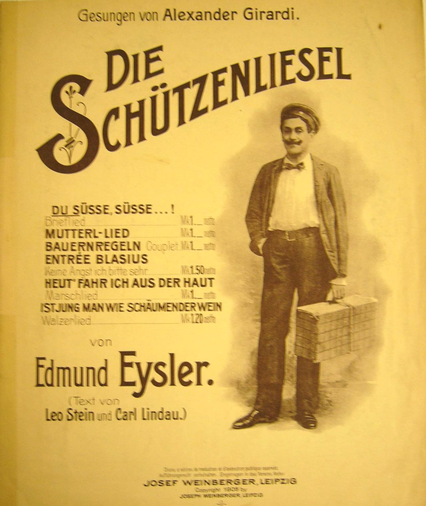 Sheet music for Eysler's "Schützenliesel" with Alexander Girardi on the cover.