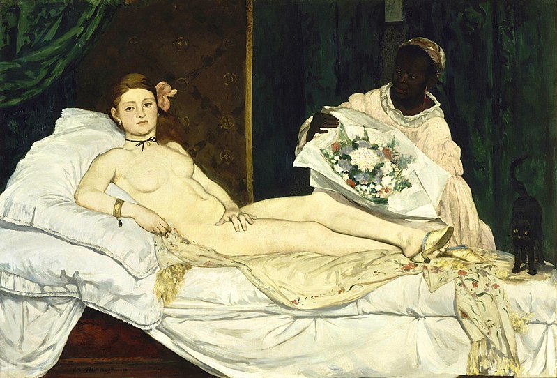 Edouard Manet's "Olympia" (1863) presenting herself nude and unashamed to her customers.