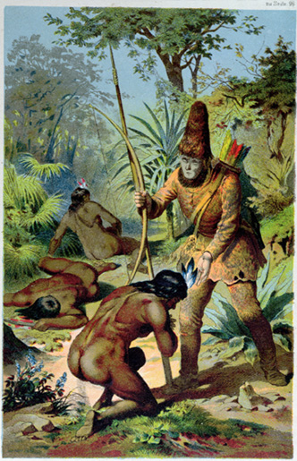 Crusoe standing over Friday after he frees him from the cannibals. Drawing by Carl Offterdinger (1829-89).