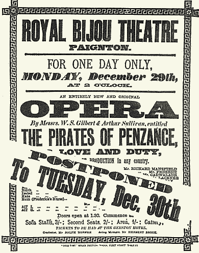 Poster for the "Pirates of Penzance" at the Royal Bijou Theatre in 1879.