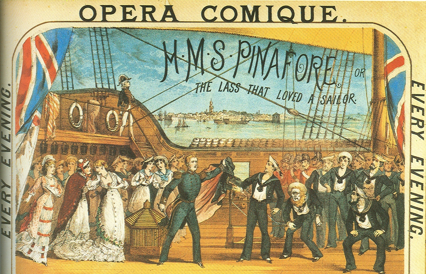 Poster illustration from original 1878 production of "H.M.S. Pinafore" at the Opera Comique.