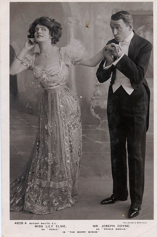Lily Elsie and Joseph Coyne in "The Merry Widow." In its English adaptation by Basil Hood, with lyrics by Adrian Ross, the show became a sensation at Daly's Theatre in London, opening on 8 June 1907.