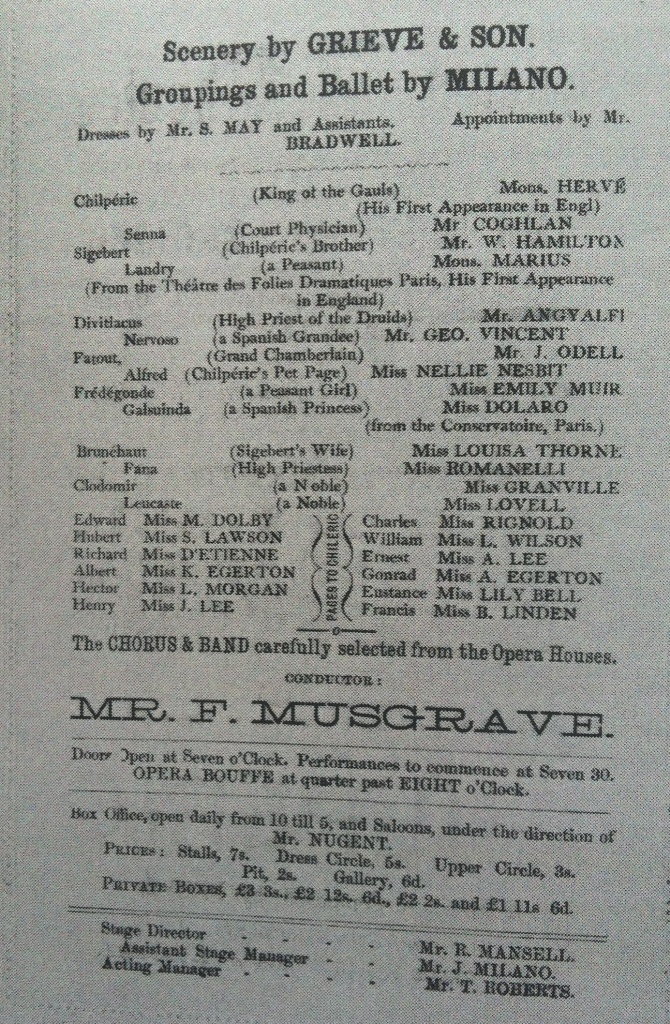 Cast list for "Chilpéric" at the Lyceum Theatre, London, with Hervé in the title role. (Photo: Archive Kurt Gänzl)