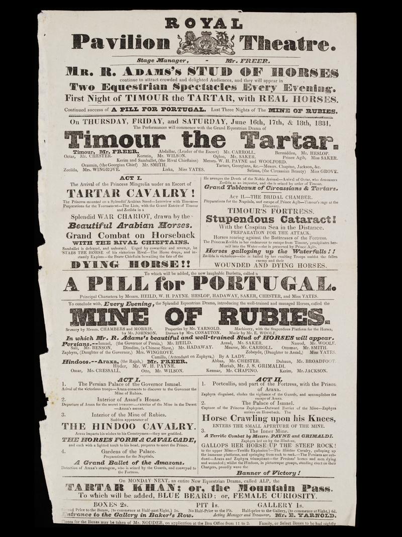 A Royal Pavillion Theatre playbill from 1831, listing W H Payne as a company member. (Right under "Timour the Tartar.")