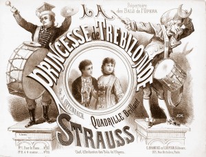 Sheet music cover of a "quadrille brillant" put together by Strauss with tunes from Offenbach's "Princesse de Trébizonde."