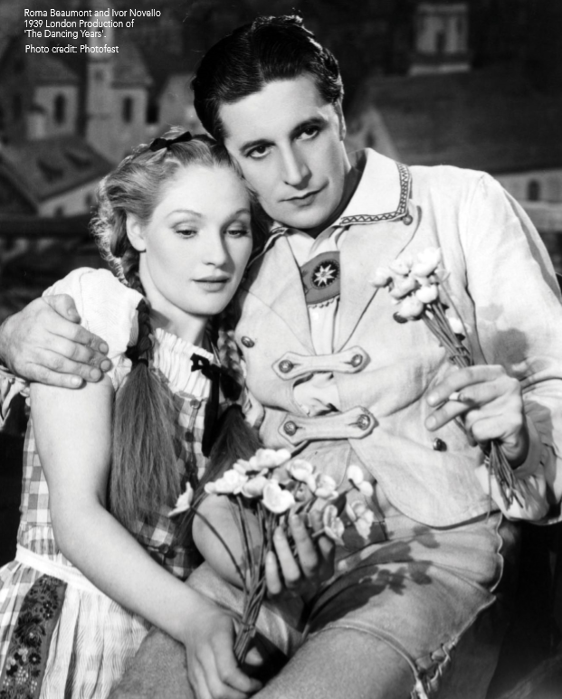 Ivor Novello in lederhosen together with Roma Beaumont in the opening scene of "The Dancing Years." Photo from the JAY Records booklet, 2018.