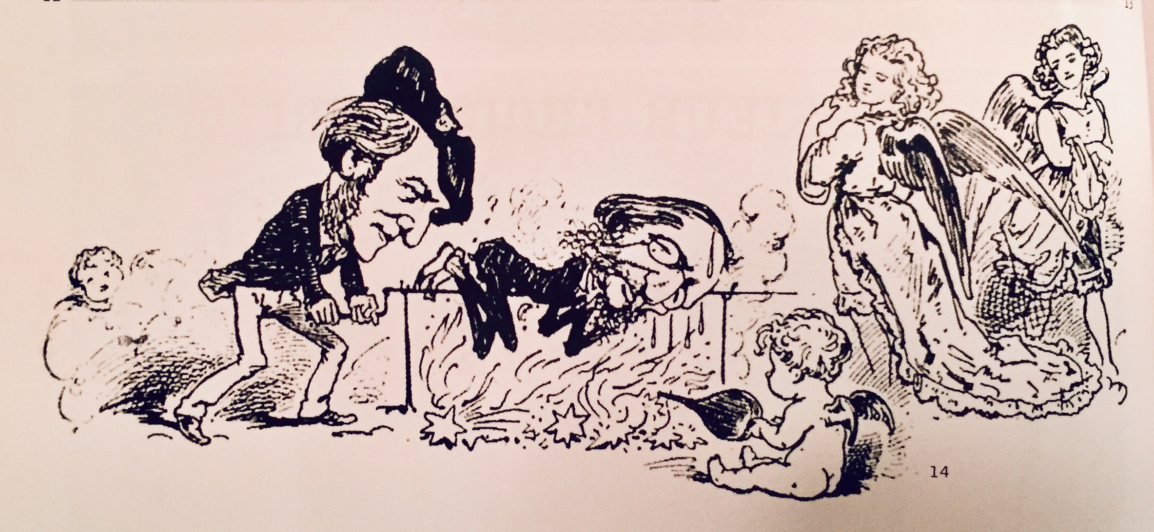 Richard Wagner finishing off his competitor Jacques Offenbach, a charicature from the 1870s, after the Prussian-French war.