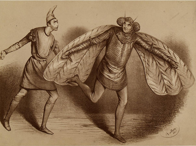 Johann Nestroy as "Jupiter" (turned into a fly) and Wilhelm Knaack als "Hanns Styx", in the 1860 production of "Orpheus in der Unterwelt" at Carl-Theater in Vienna. (Photo: lithography by A. Dauthage)