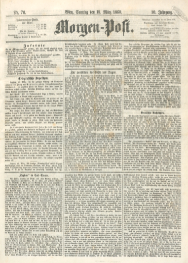 The March 1860 issue of "Morgen-Post" with the "Orpheus" review on the front page.