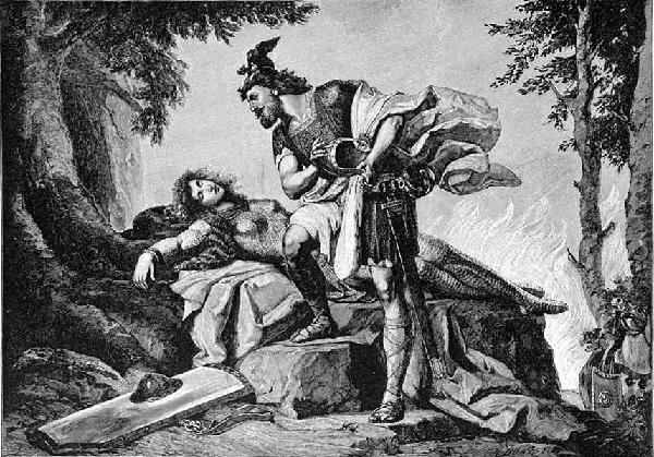 Siegfried awakens Brünnhilde, a drawing by Otto Donner von Richter from 1892.