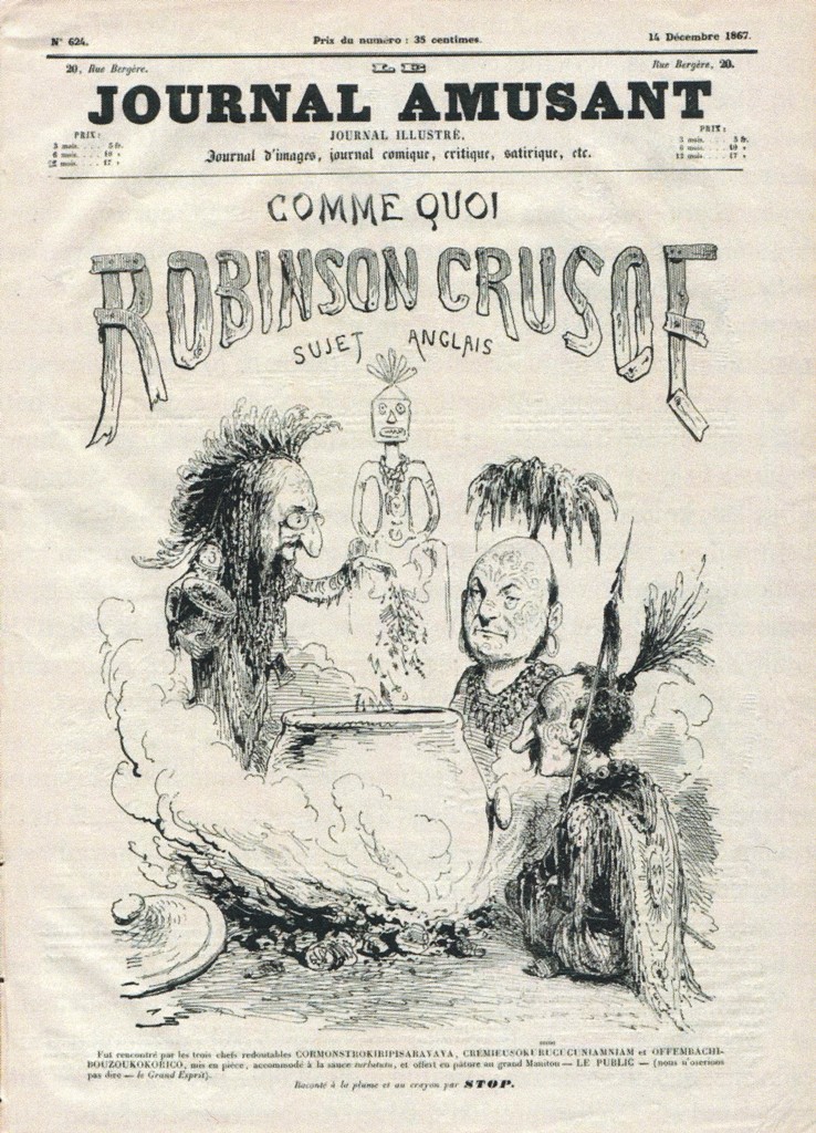 The cover of the "Journal amusant" showing Offenbach and his librettists as part of "Robinson Crusoe" in December 1867.