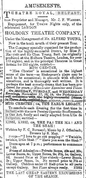 A newspaper clipping announcing the Belfast production of "Kissi, Kissi; or: The Pa! The Ma! And the Shah!" in 1873. 