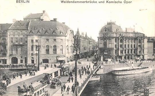 A historic postcard showing the Komische Oper in Berlin, opposite the Großes Schauspiel and next to Admiralspalast.