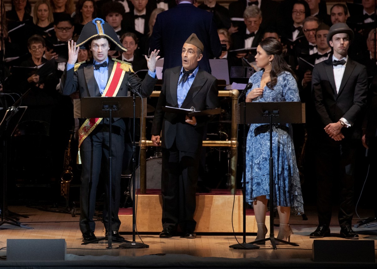 Bryce Pinkham, David Pittu and Mikaela Bennett in "Let 'Em Eat Cake" at Carnegie Hall, 2019. (Photo: Erin Baiano)