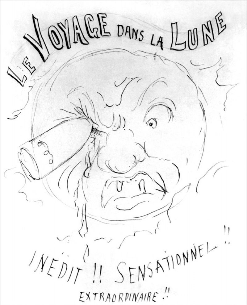 Preliminary sketch by Georges Méliès for a poster for his film "Le Voyage dans la Lune," 1902.