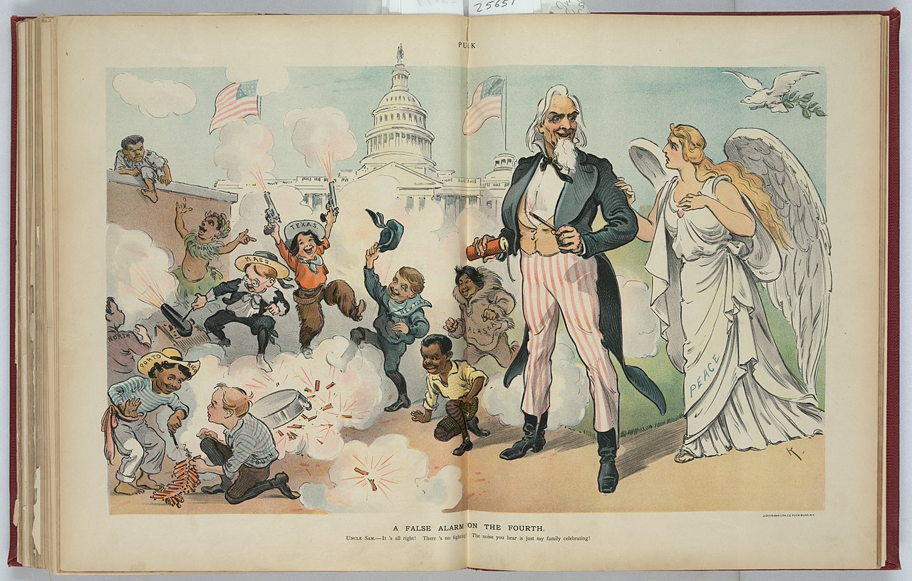 A 1902 cartoon from the magazine "Puck" celebrating the Fourth of July and  ethnic pluralism in the USA. The caption reads: "A False Alarm on the Fourth" Uncle Sam tells Lady Peace: 'It's all right. There's no fighting. The noise you hear is just my family celebrating!'"