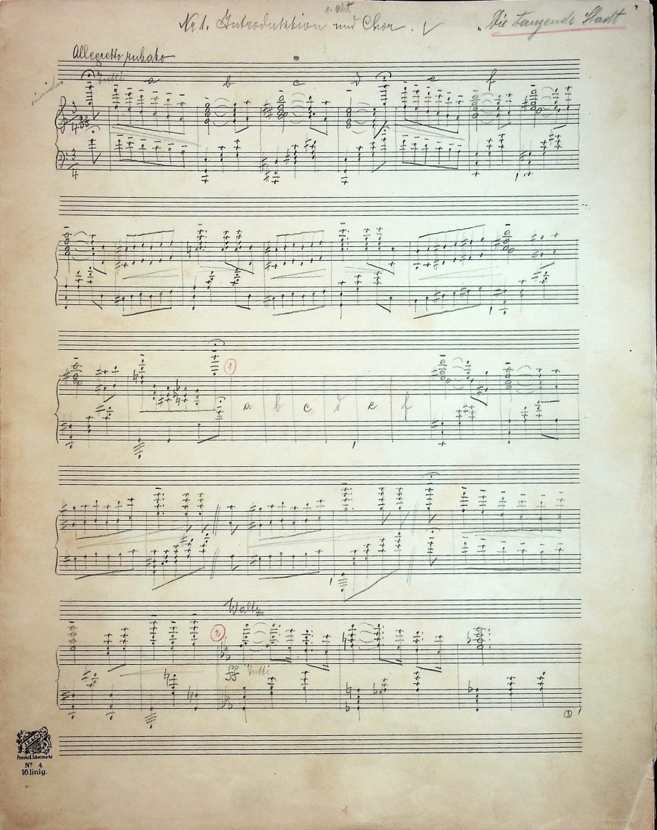 A page from the orchestral material of "Die tanzende Stadt." (Photo: Thomas Krebs Archive)