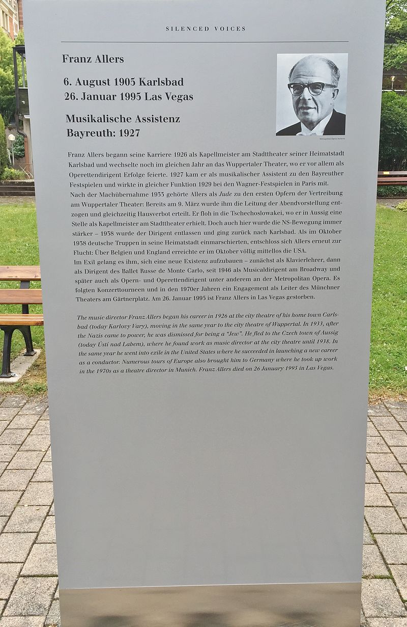 A commemorative plaque for Franz Allers at the Bayreuth Festival where he worked in 1927 before becoming a famous Broadway conductor. This plaque was part of the exhibition "Verstummte Stimmen - Die Bayreuther Festspiele und die 'Juden' 1876 bis 1945." (Photo: Christian Michelides / Wikipedia)