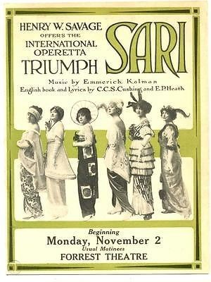 Emmerich Kalman’s Viennese hit “Zigeunerprimas” reworked as “Sari” for Broadway, starring Mitzi Hajós in 1914.