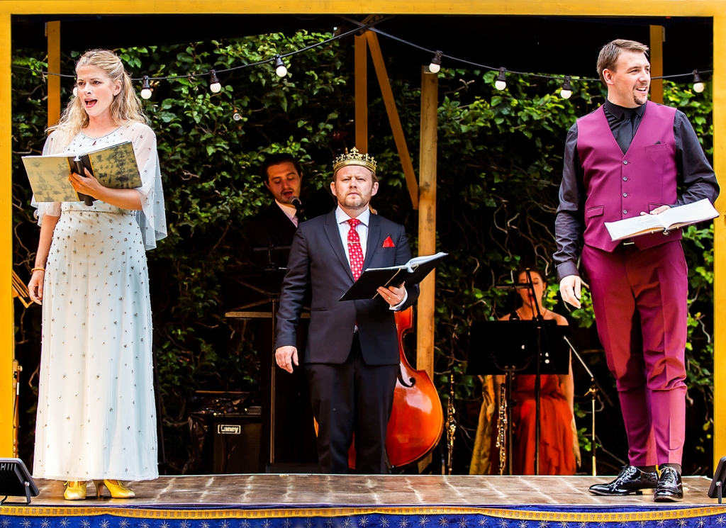 Caroline Sheen, Tom Sowinski (background), Michael Jibson and Peter Dukes in "Camelot." (Photo: Pamela Raith Photography)