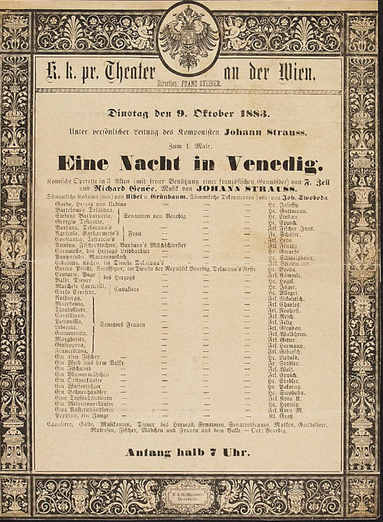 Playbill for the 1883 premiere of "Eine Nacht in Venedig" at Theater an der Wien. (Photo: Theatermuseum Wien)