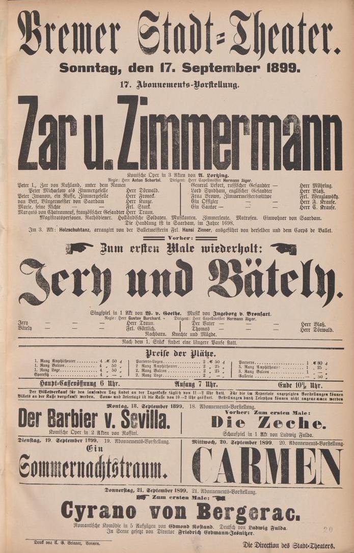 A 1899 poster annoucing "Jery und Bätely" alongside "Zar und Zimmermann" by Lortzing. (Photo: Dario Salvi Collection)