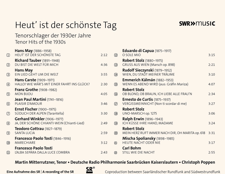 Th track list for the album "Heut’ ist der schönste Tag." (Photo: SWR Music/Naxos)