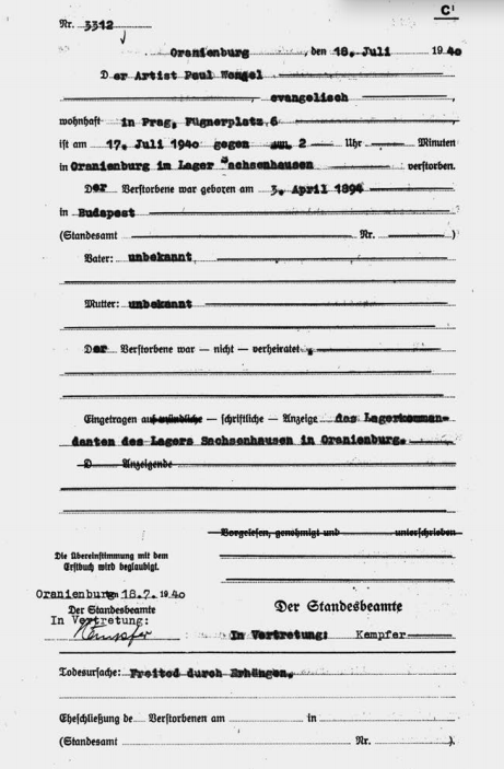 The death certificate of Paul O'Montis from Stadtarchiv Oranienburg. (Photo from Ralf Jörg Raber's biography, Metropol Vgl.) 