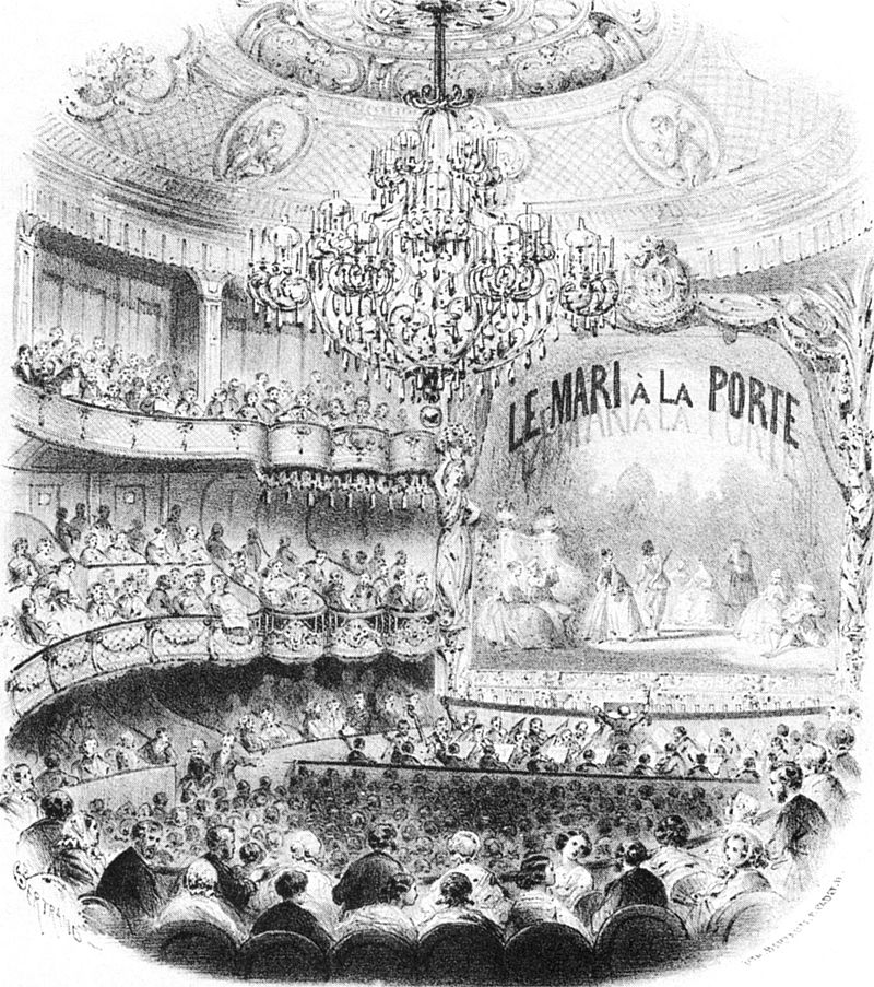The interior of the Théâtre des Bouffes-Parisiens during a performance of "Mari à la porte", as depicted on the cover of a piano arrangement of the overture published by Heugel in Paris in 1859.