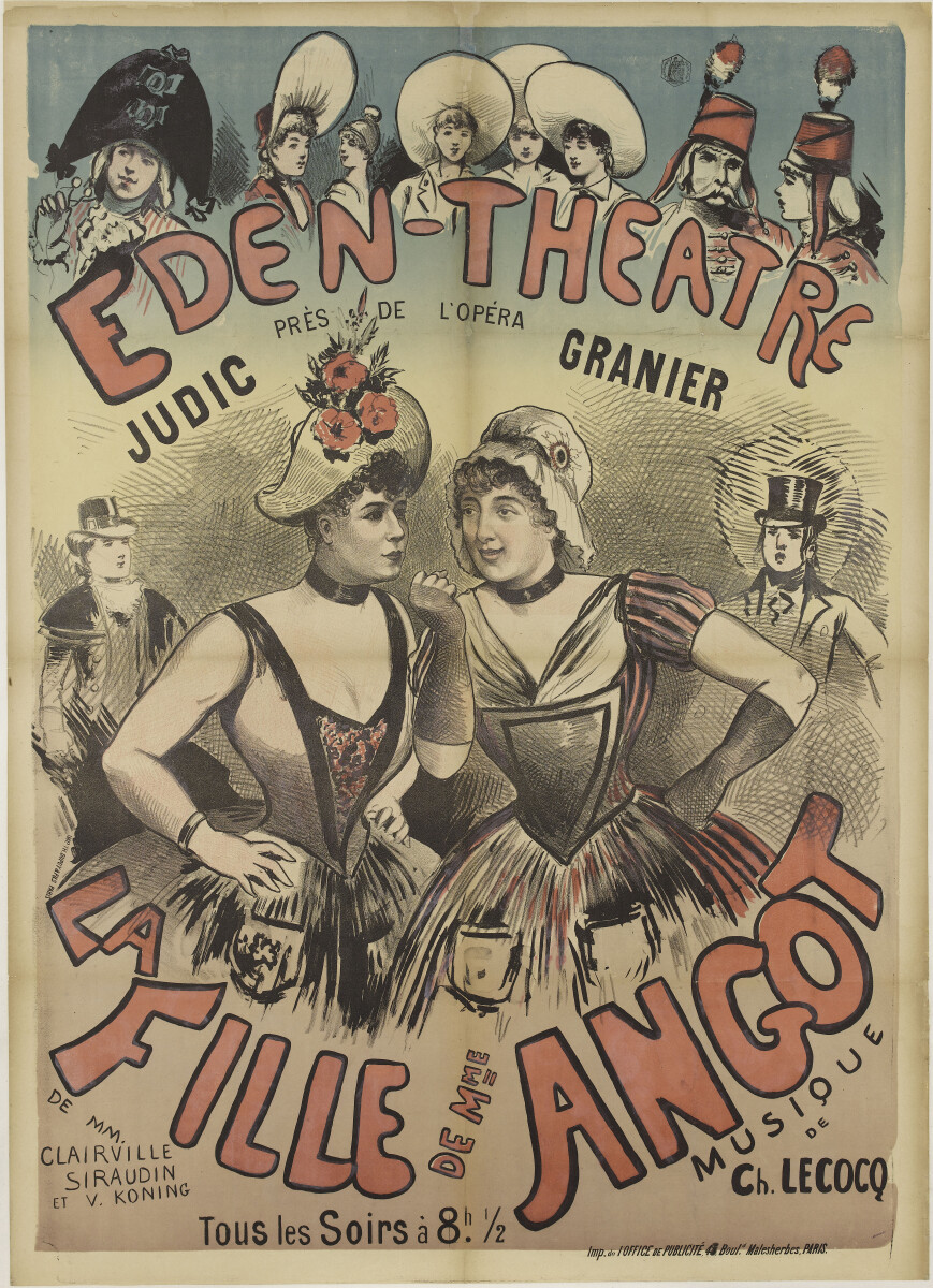 Poster for the "Fille de Madame Angot" production 1888 at  l'Éden-Théâtre. (Photo from the Palazzetto Bru Zane booklet / Paris Musées / Musée Carnavalet)