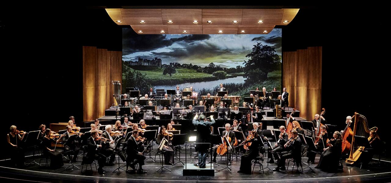 Das Orchester der Staatsoperette Dresden unter Dirigent Johannes Pell mit dem "Greensleeves"-Hintergrund. ((Foto: Stephan Floss)