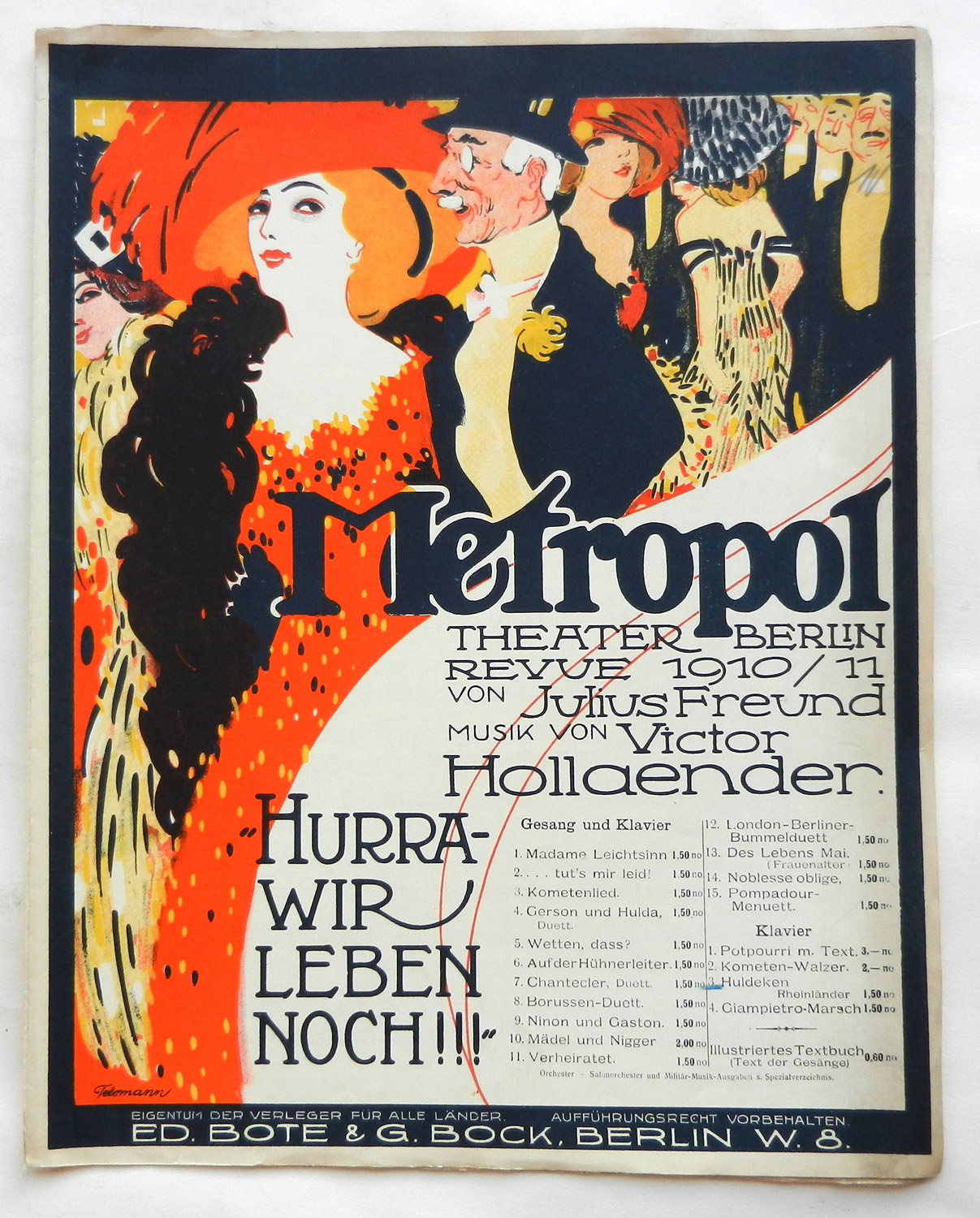 Sheet music cover for "Hurra, wie leben noch!!!" from a Victor Hollaender Metropol-Theater revue. (Photo: Bote & Bock)