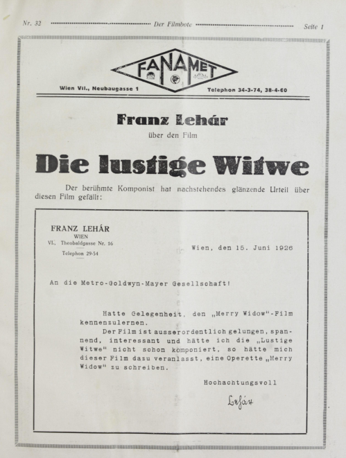 Lehár expressed his admiration for the 1925 Erich von Stroheim movie and the update of his "Merry Widow" in a letter re-printed in the Viennes papers when the movie opened in Austria. (Photo: Operetta Research Center Archive)