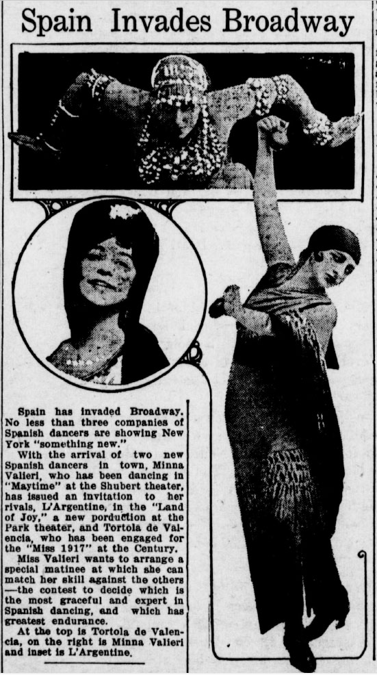 Spain invades Broadway”: Tórtola Valencia, Minna Valieri and La Argentina (Photo: The Tacoma Times, 6 December 1917, Chronicling America: Historic American Newspapers. Lib. of Congress.)