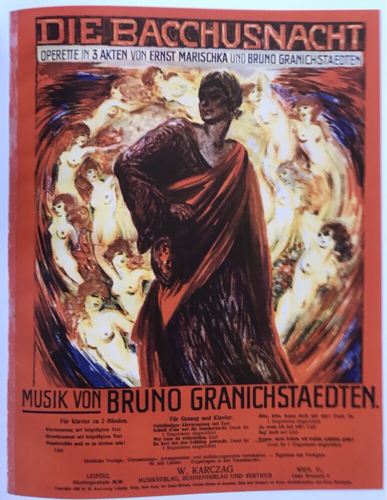 The sheet music cover for "Bachusnacht," an operetta by Bruno Granichstaedten and Ernst Marischka, 1923. (Photo from Evelin Förster's book "Die Perlen der Cleopatra") 