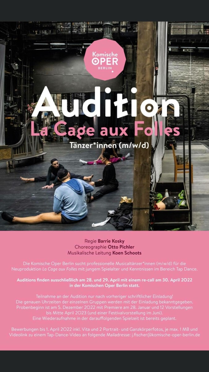 The auditions announcement for "La Cage aux Folles" at Komische Oper Berlin. (Photo: Komische Oper)